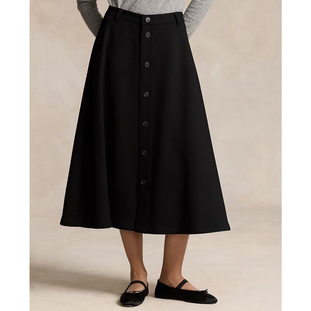 Polo Ralph Lauren Wool Crepe Buttoned Skirt Black Midi 2 A Line Flare $600